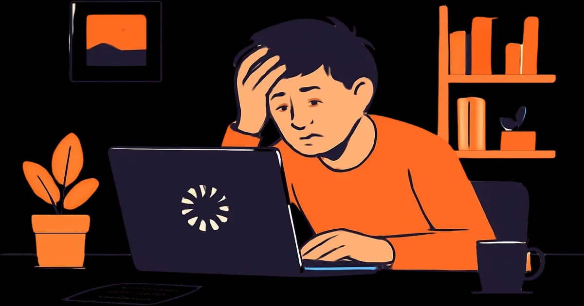 A frustrated small business owner rubbing their forehead while staring at a slow-loading website on a laptop, flat orange and black illustration