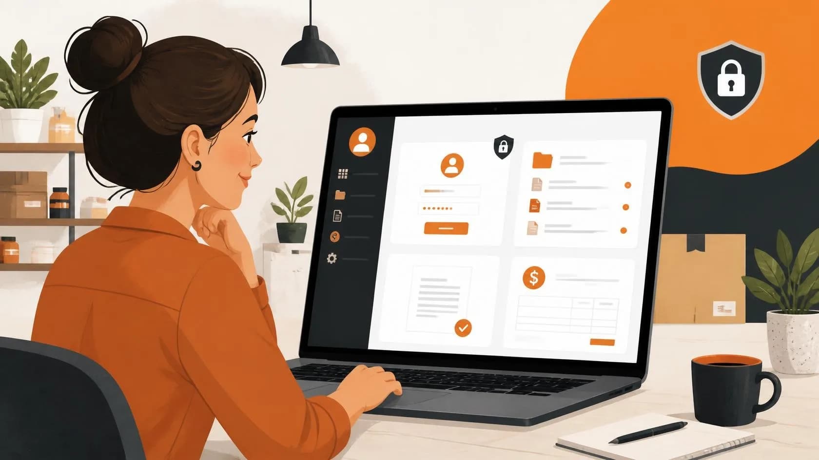 A small business owner reviewing a secure client portal dashboard on a laptop, showing document and invoice status.