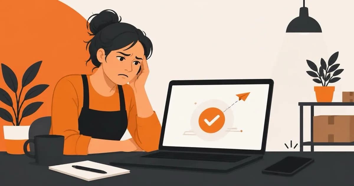 Flat illustration of a frustrated business owner at a laptop showing a message-sent confirmation while their phone stays silent, orange and black accents