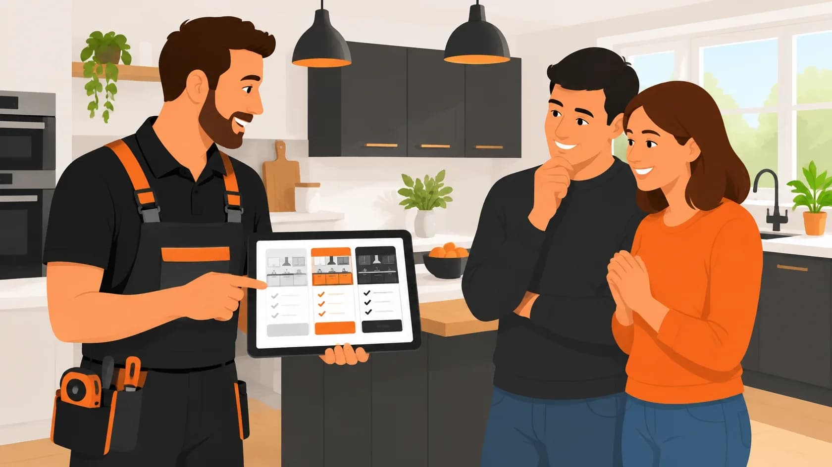 Illustration of a kitchen fitter showing a homeowner couple a tablet with transparent pricing packages in their kitchen