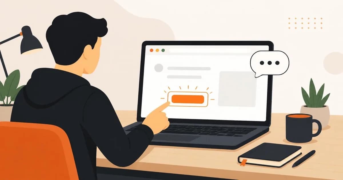A developer at a laptop pointing at a browser window with a highlighted button and a small chat bubble, flat illustration style
