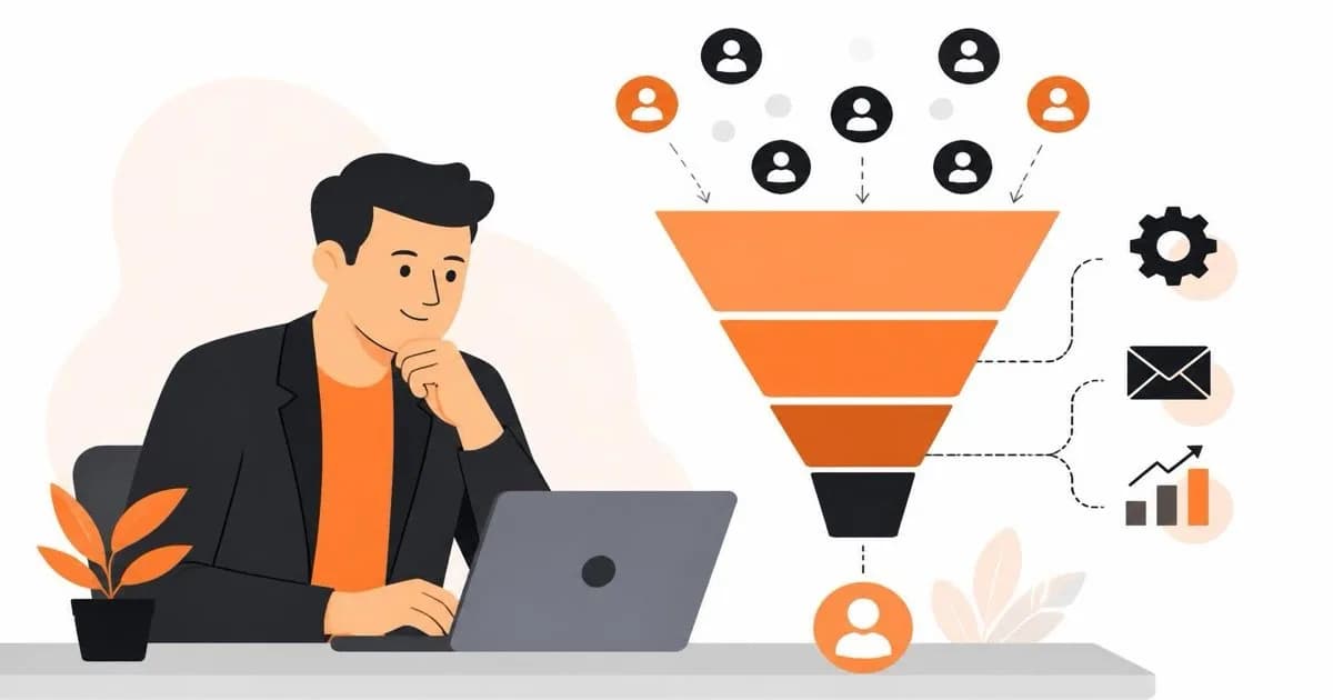 A person at a laptop watching a lead generation funnel narrow a crowd of contacts down to qualified customers.