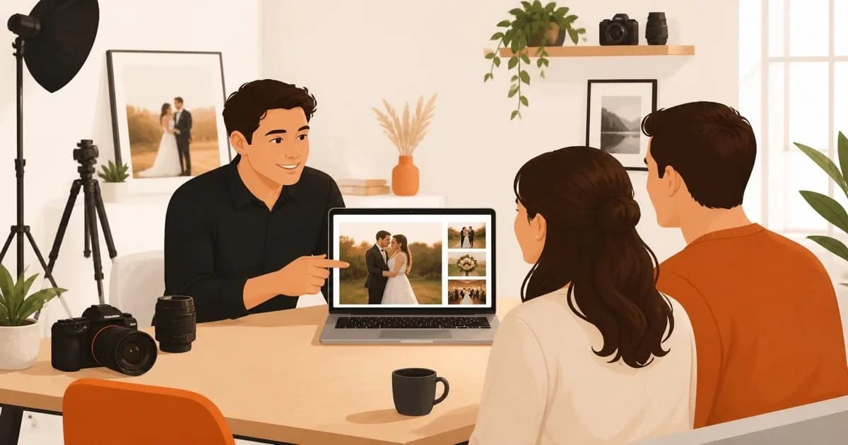 A friendly photographer showing a couple their wedding photo gallery on a laptop in a bright studio