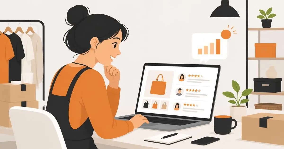 Illustration of an online shop owner reviewing a product page with photos and customer reviews on a laptop