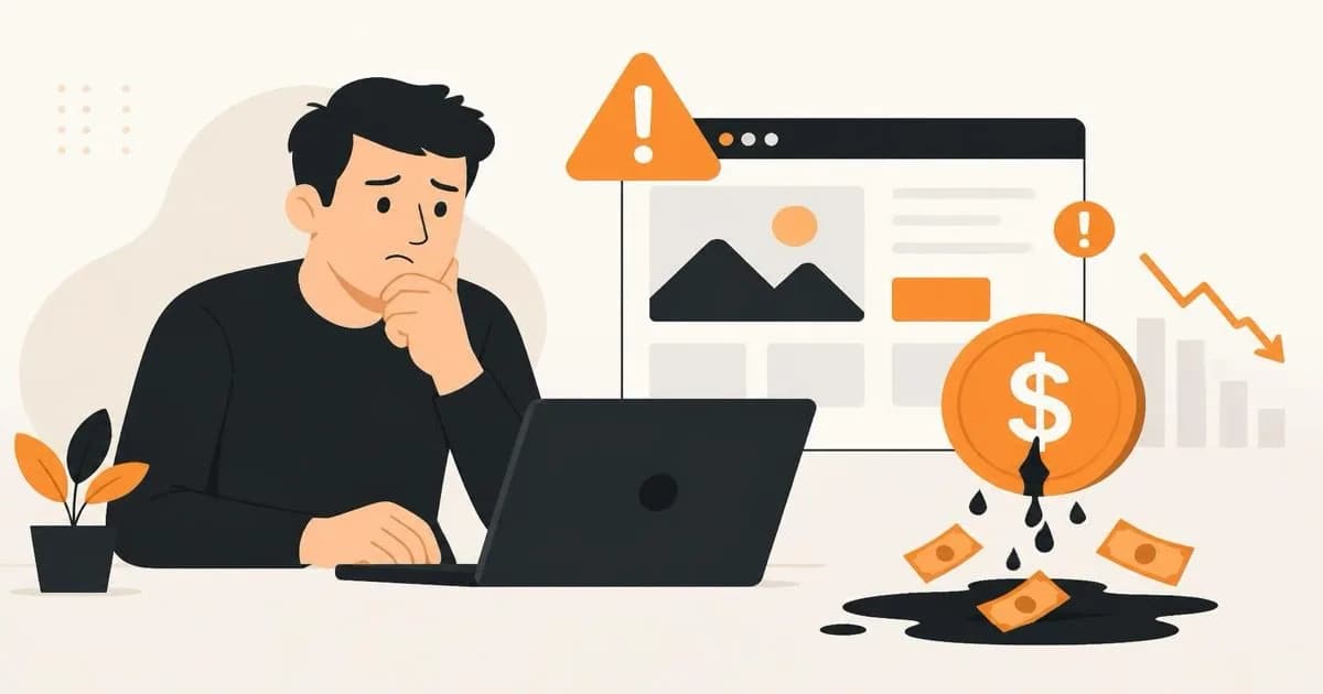 A worried business owner looking at his laptop, with warning icons and a leaking coin symbolizing money being lost through website problems.