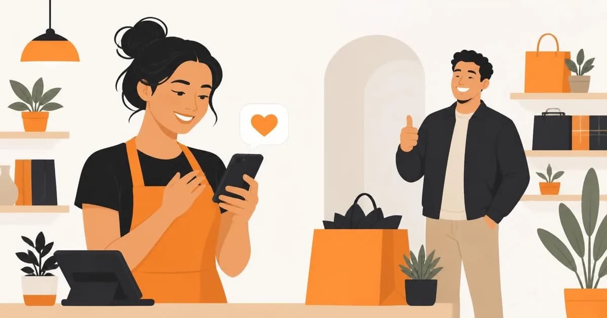 A smiling shop owner reads a thank-you message on her phone while a happy customer stands nearby holding shopping bags.