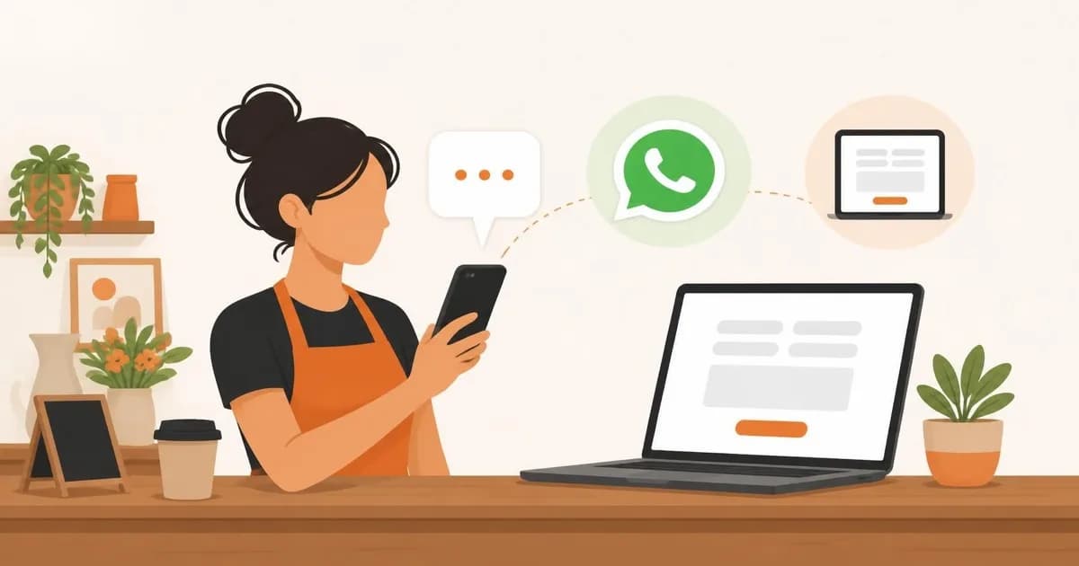 Flat illustration of a small business owner in an orange apron looking at a phone, with a chat bubble, WhatsApp icon and a contact form on a laptop beside them