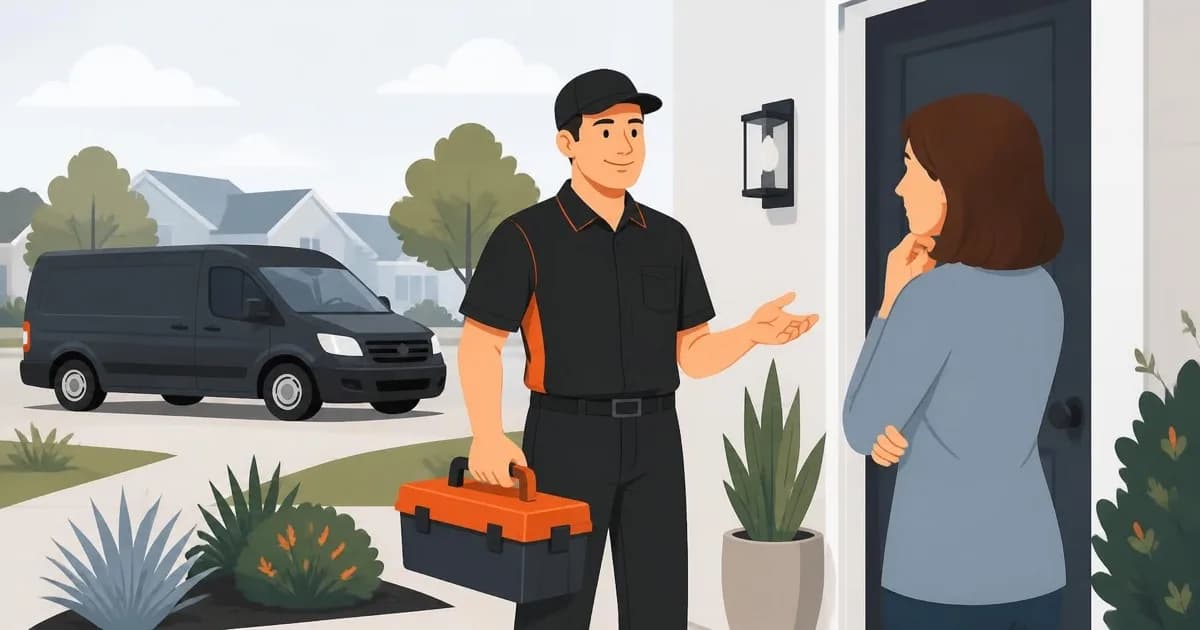 A pest control technician with a toolkit greets a homeowner at her front door, with an unmarked van parked in the driveway.