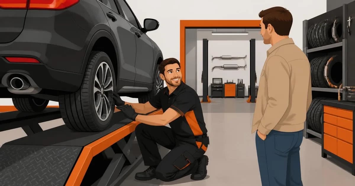 Illustration of a mechanic checking a customer's tyre on a fitting ramp at a tyre and exhaust garage